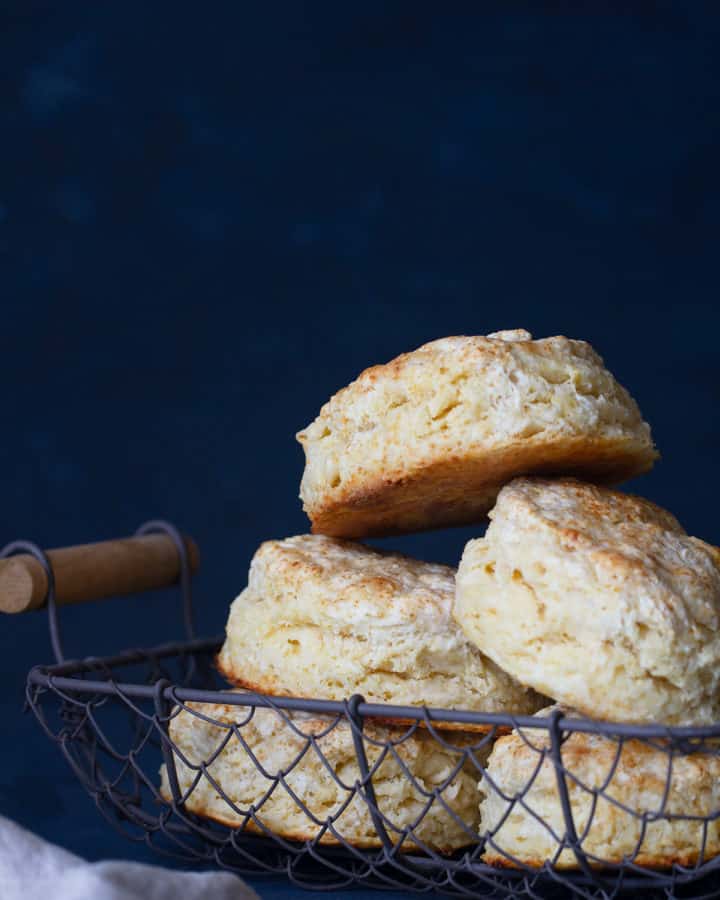 A wire basket with five foolproof scones.